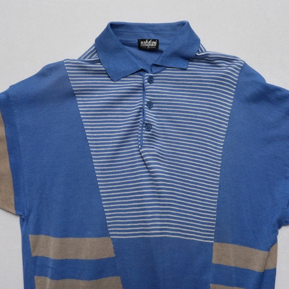 Vintage Modigliani Knit Polo Shirt Mens 48 Blue Striped Made in Italy 90s Retro - Picture 2 of 16